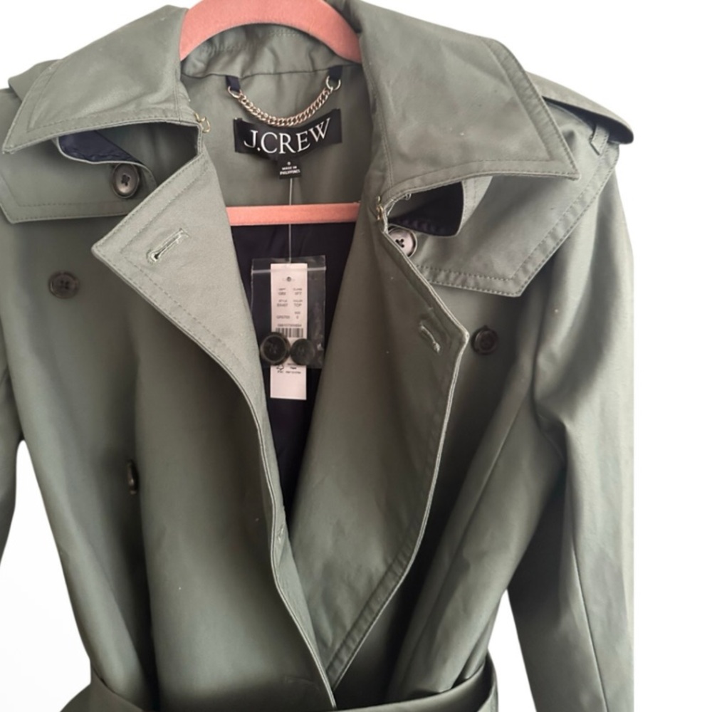 J.CREW NWT Olive Double-Breasted Trench Coat $368 SIZE 0 Classic Fit Staple Fall - Picture 2 of 11